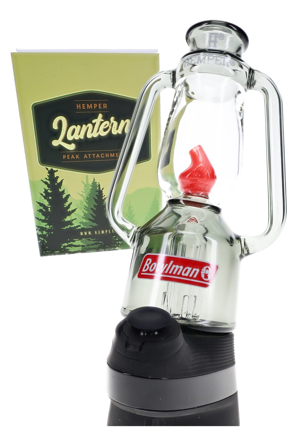 Hemper Lantern Puffco Peak top with box on device, smoke glass body and red flame splash guard, 5.8″ tall