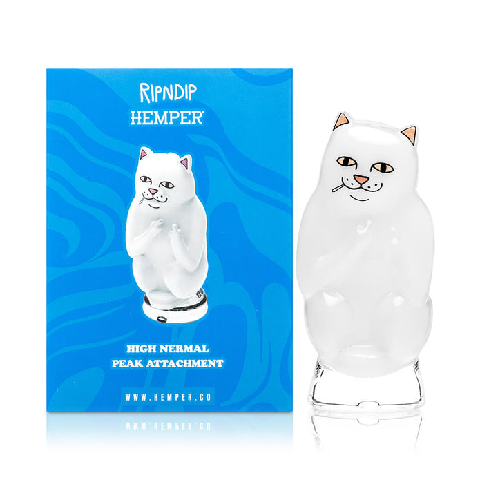 Boxed High Nermal Peak top on reflective surface, RIPNDIP x Hemper collab packaging and white cat glass piece