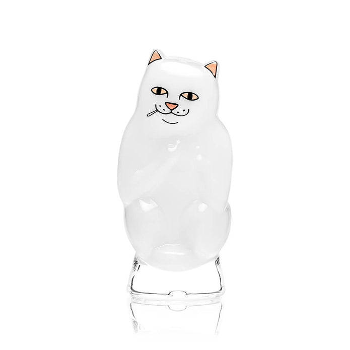 Solo product shot of white High Nermal cat Peak top showing character body shape and printed face detail up close