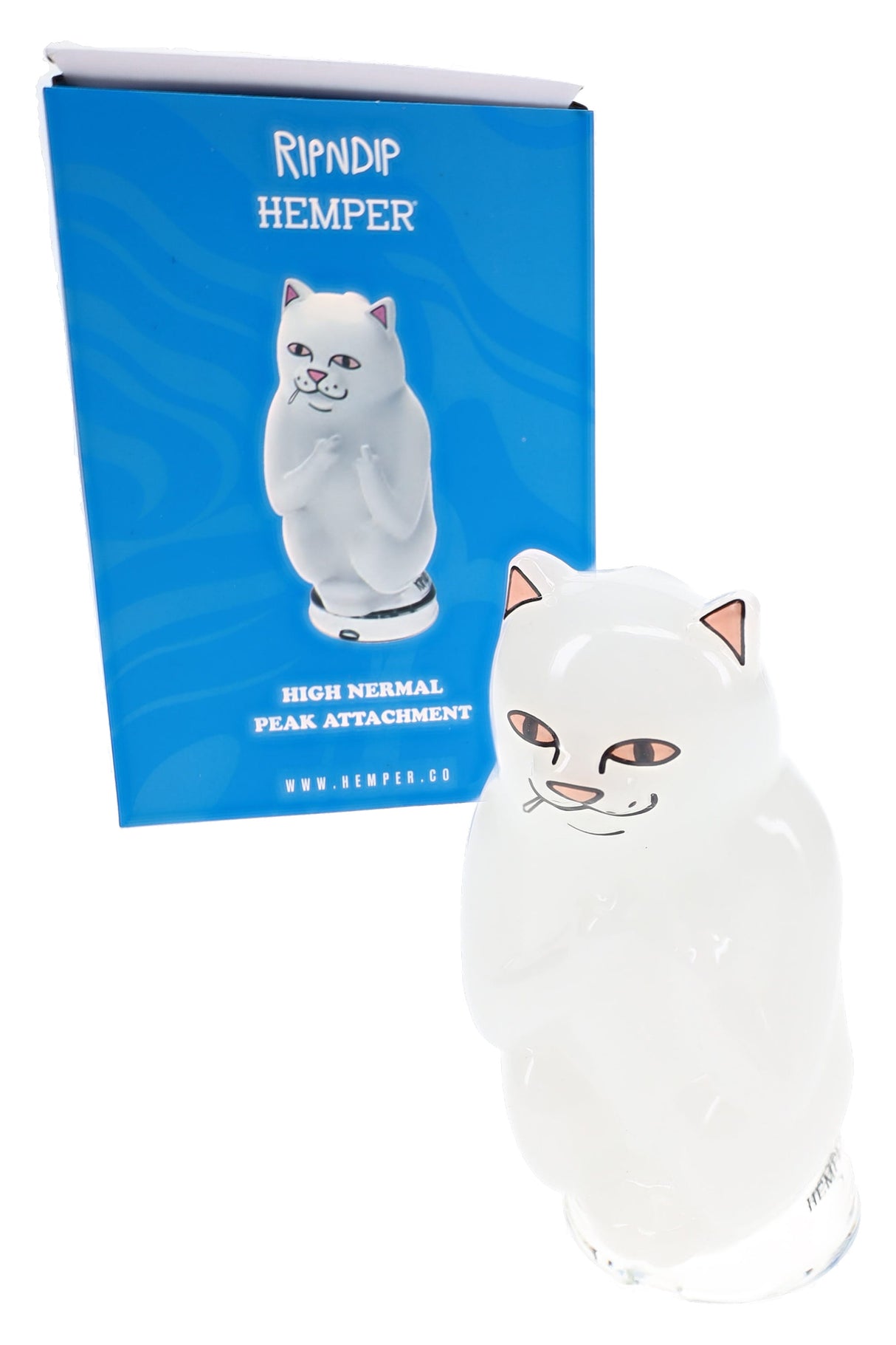 High Nermal Peak attachment beside branded blue RIPNDIP x Hemper box, giftable collab glass top for Puffco Peak