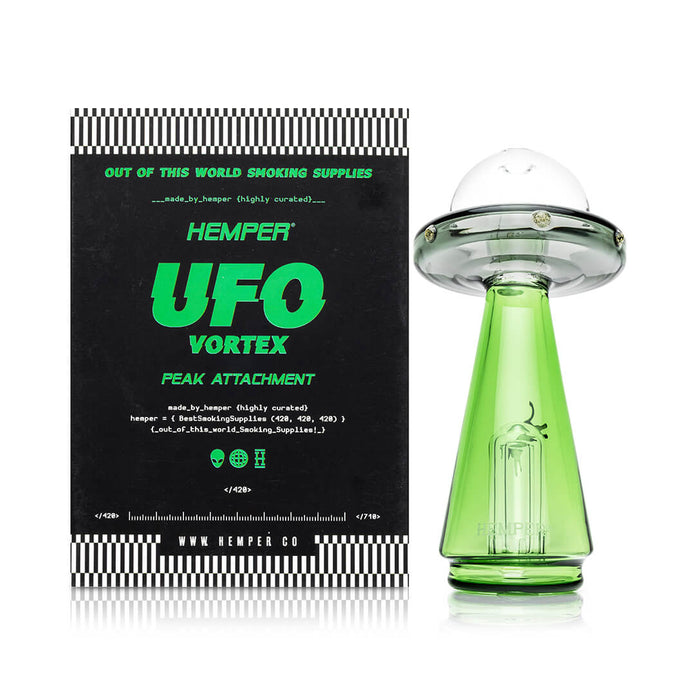 Box-and-top hero shot of Hemper UFO Vortex Peak attachment, retail-ready packaging with green beam chamber highlight