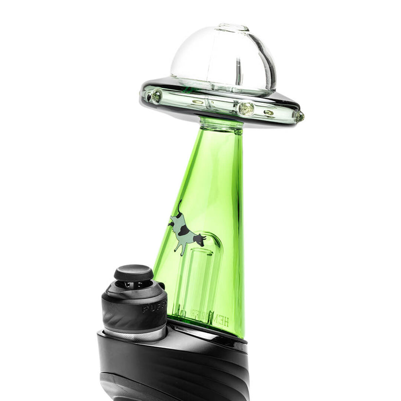 Side profile UFO Vortex Peak top mounted on device base, saucer lip and green beam cone chamber visible in full view