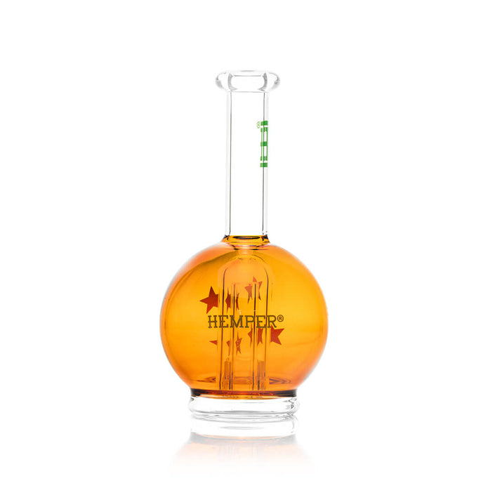 Studio front shot of orange wish ball Peak attachment showing star decals, clear mouthpiece, and stable glass base shape