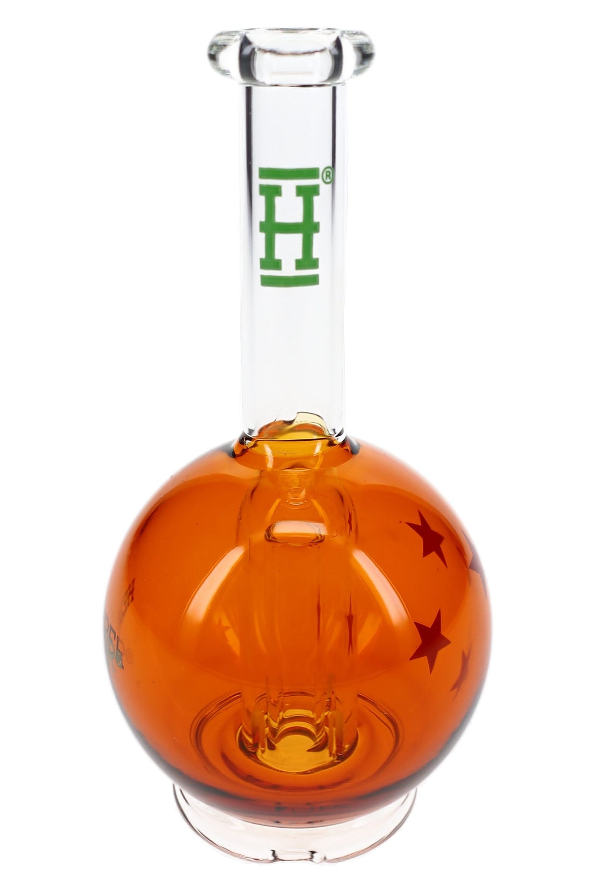 Front view orange orb Puffco Peak top with star graphics and clear mouthpiece featuring green “H” logo for easy ID