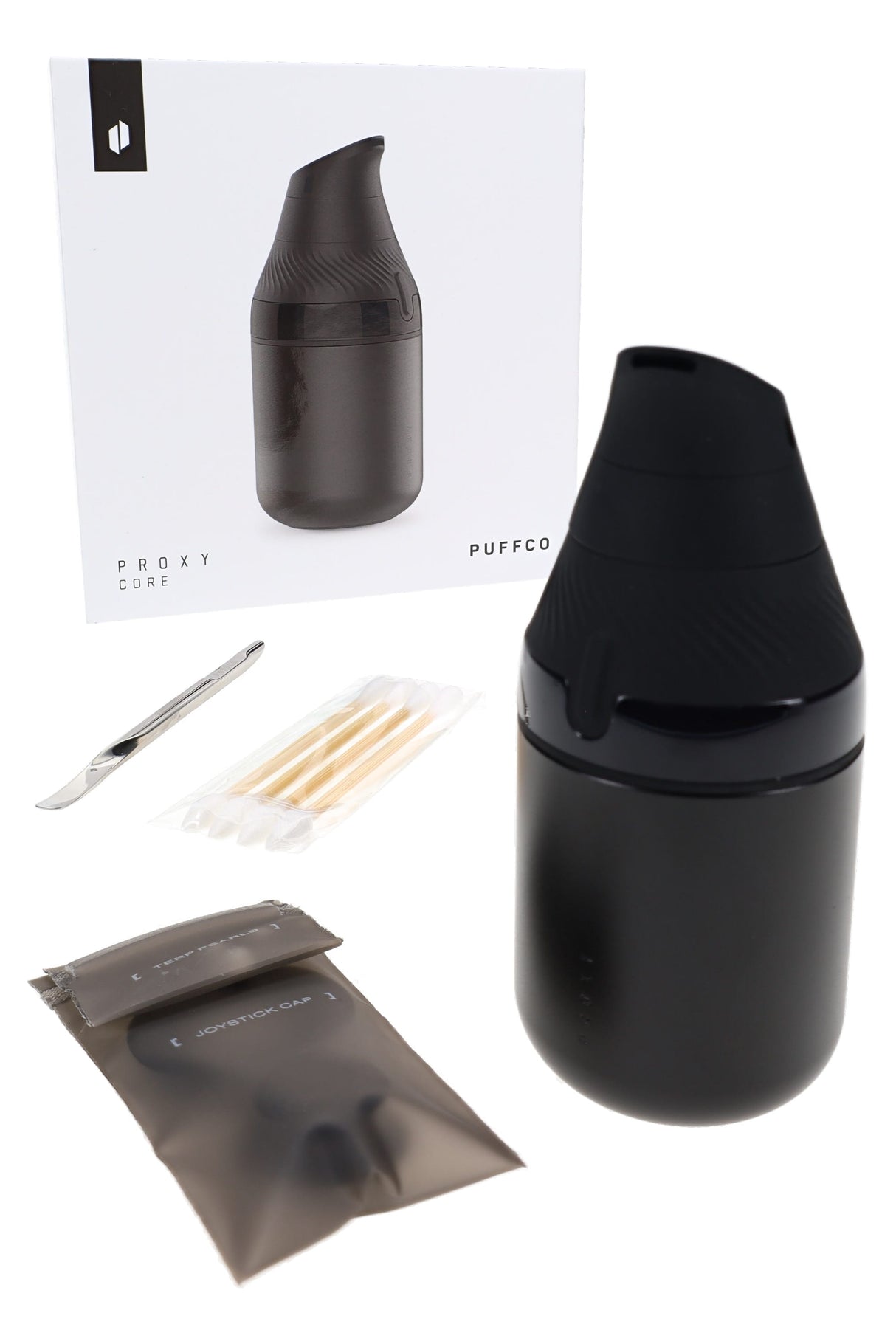 Boxed Puffco Proxy Core Kit in Onyx with device, loading accessories, and retail packaging shown together
