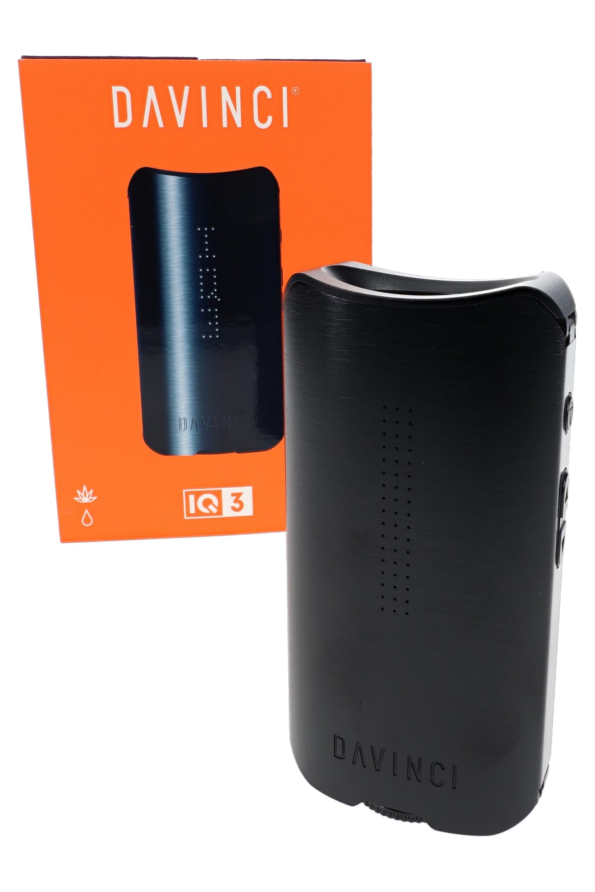 Black DaVinci IQ3 portable vaporizer with retail box, angled view of brushed metal dry herb vape