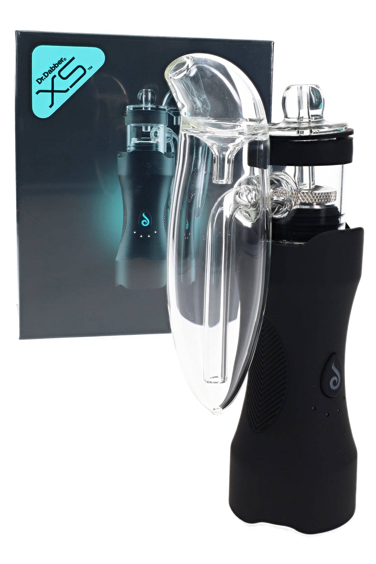 Dr. Dabber XS e-rig with retail box, matte black body, and clear spill-proof glass attachment on display