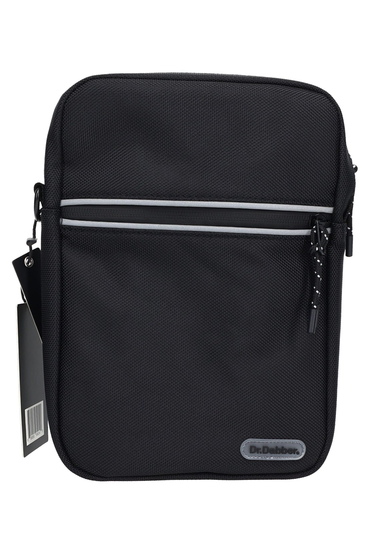 Black Dr. Dabber tour bag with front zipper pocket, shoulder strap, and compact travel case design