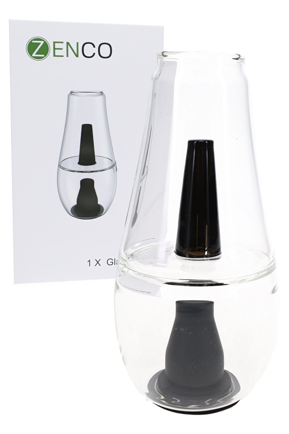 Zenco Flow water glassware attachment with white box, clear bubbler cup, and black silicone diffuser