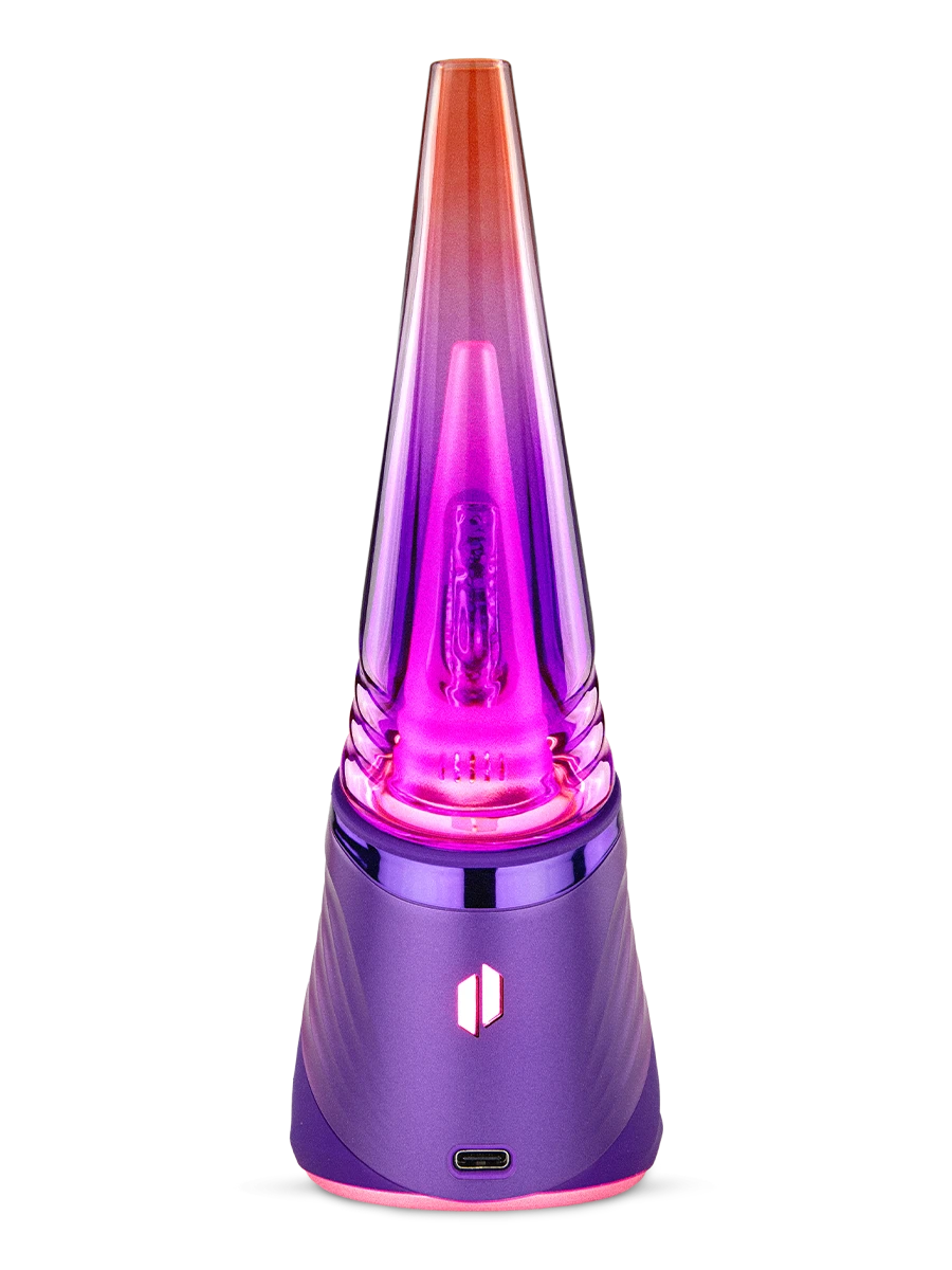 Rear view of the Puffco Peak Pro Plasma with pink lighting, illuminated logo and USB-C port