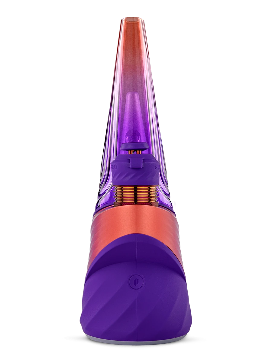Front view of the Puffco Peak Pro Plasma showing the purple Joystick Cap, chamber and power button