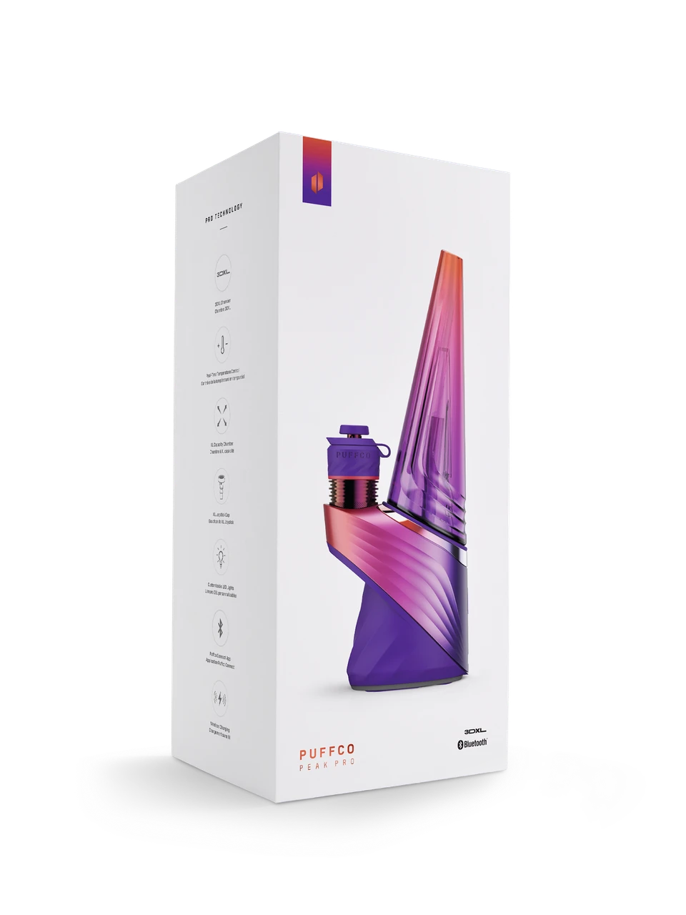 Front and side of the white Puffco Peak Pro Plasma retail box with a large purple and orange device graphic