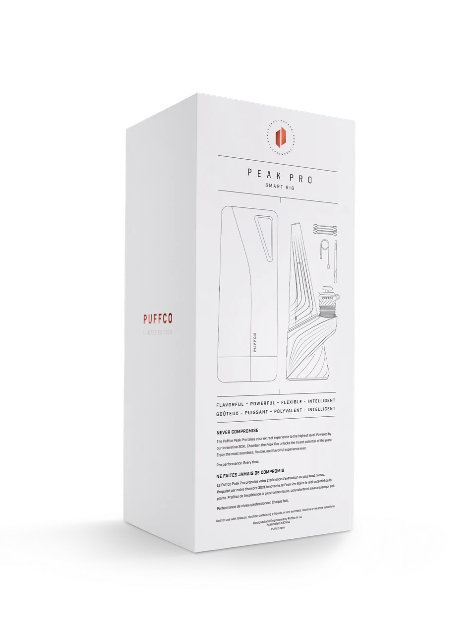 Rear of the Puffco Peak Pro Plasma retail box showing device and accessory illustrations