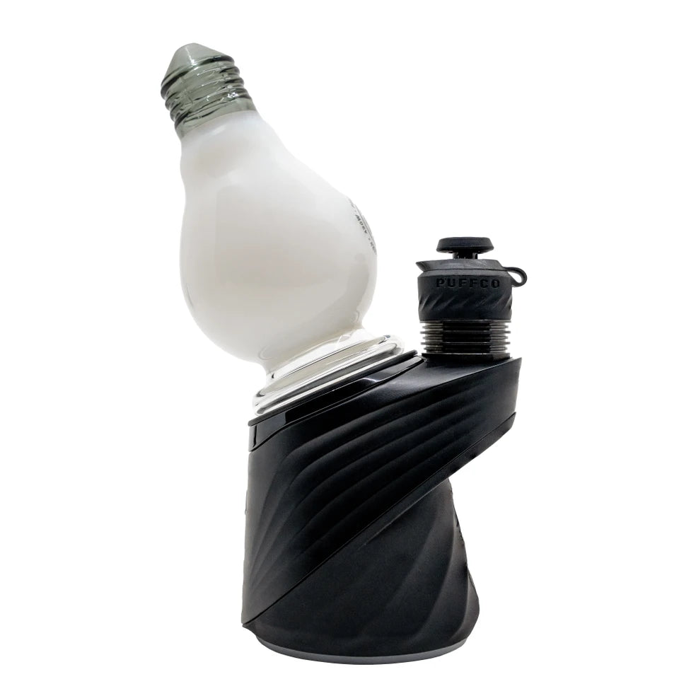 Side view of the white BigFun! Lightbowlb Peak Top mounted on a black Puffco device