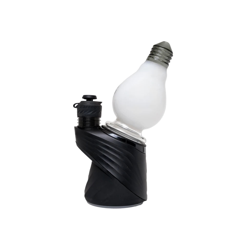 Opposite side view of the BigFun! Lightbowlb Peak Top on a black Puffco device, showing its curved bulb profile