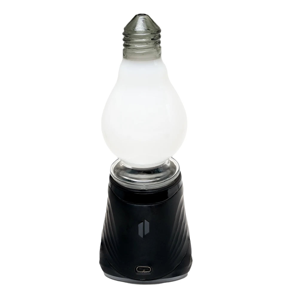 Rear view of a black Puffco device fitted with the white BigFun! Lightbowlb Peak Top