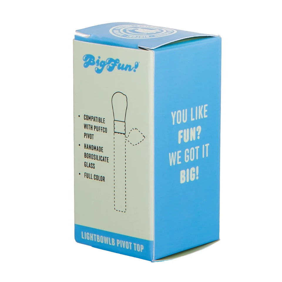 Back of the BigFun! Lightbowlb Pivot Top box listing Puffco Pivot compatibility and borosilicate glass