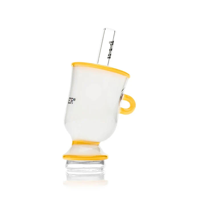 Side view of the HEMPER Tea Cup Peak Top showing its white body, yellow handle, and clear mouthpiece