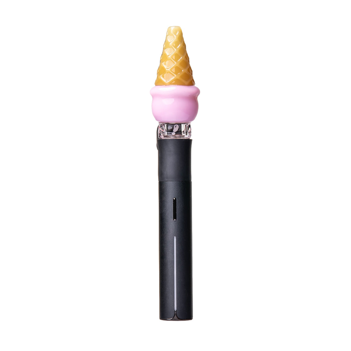 4: Pink ice cream Pivot top on black Pivot device, shown from the side with cone detail and mouthpiece attachment