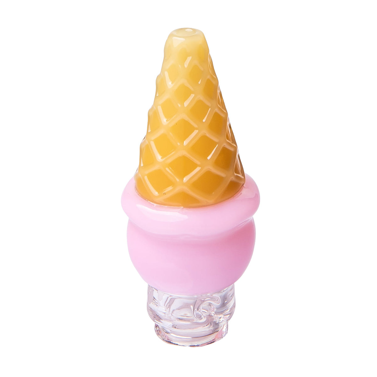 Rear view of pink ice cream Pivot top with waffle cone texture, rounded scoop body, and clear glass base