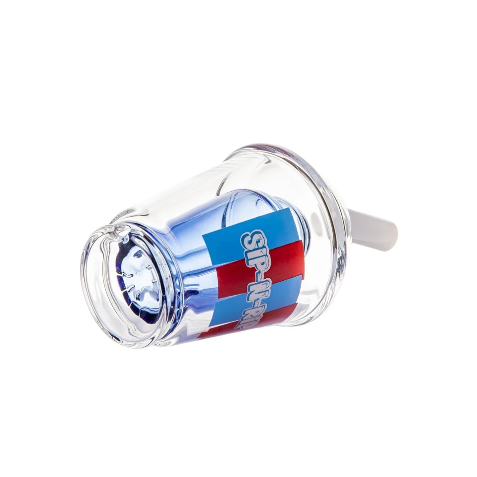 BigFun! Sip-N-Dip Peak glass top laid on its side showing clear cup body, blue insert and SIP-N-RIP graphic