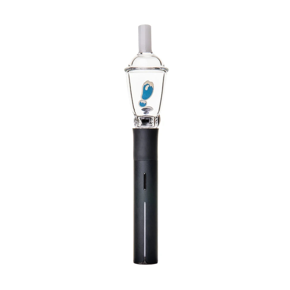 Close-up of BigFun! Sip-N-Dip Pivot glass top frosted cylindrical mouthpiece and rounded clear glass dome