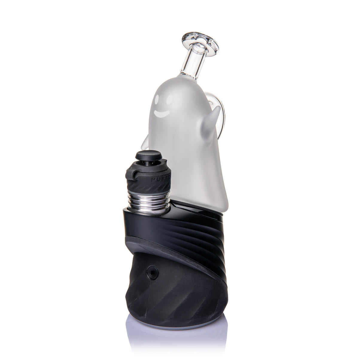 MJ Arsenal Specter Peak glass top on a black Puffco Peak, front angle showing frosted body and clear mouthpiece