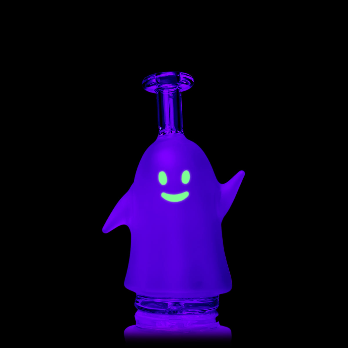 MJ Arsenal Specter Peak glass top front view under UV light with purple ghost body and glowing green smile