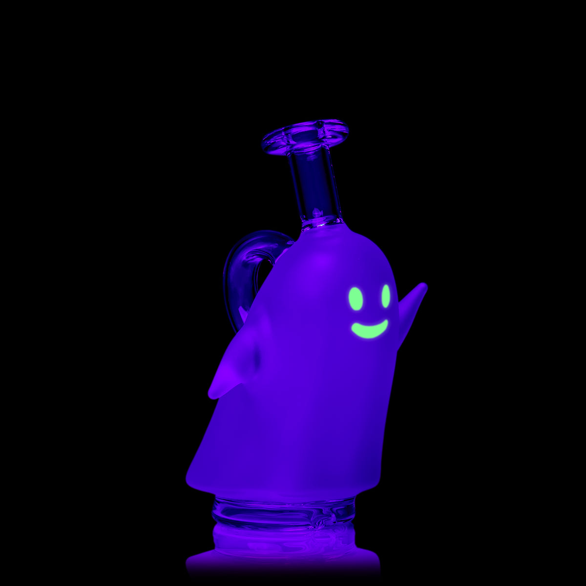 MJ Arsenal Specter Peak glass top angled under UV light showing glowing green face and frosted ghost silhouette