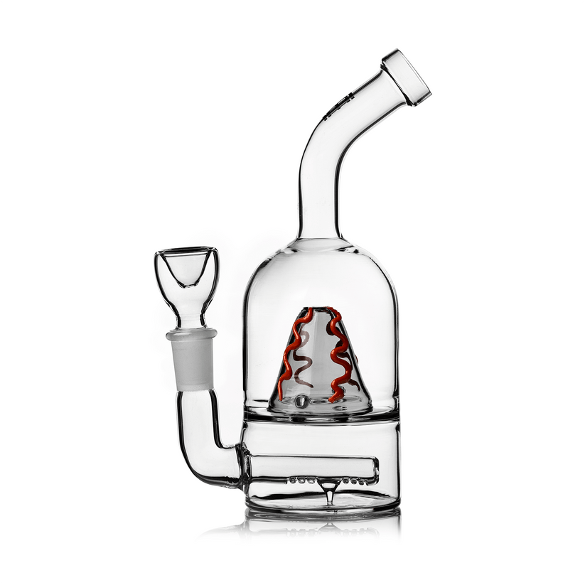 Side profile of 7-inch Hemper Volcano bong highlighting inline perc base, volcano splash guard and angled mouthpiece on clean white backdrop.