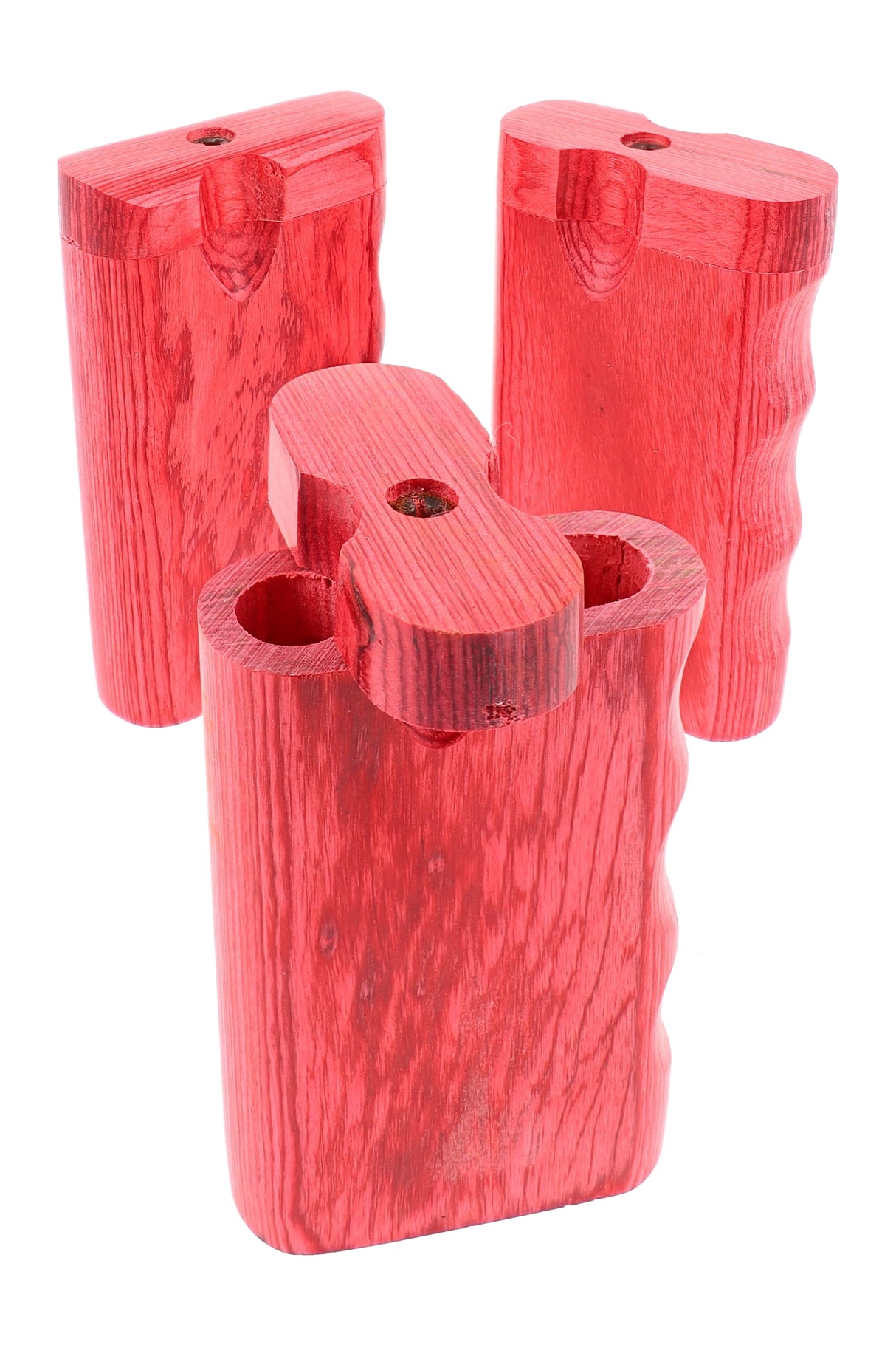 Small red wood dugout with single-side finger grip, 3-inch size and swivel lid, twin chambers for herb and bat; one-hitter sold separately.