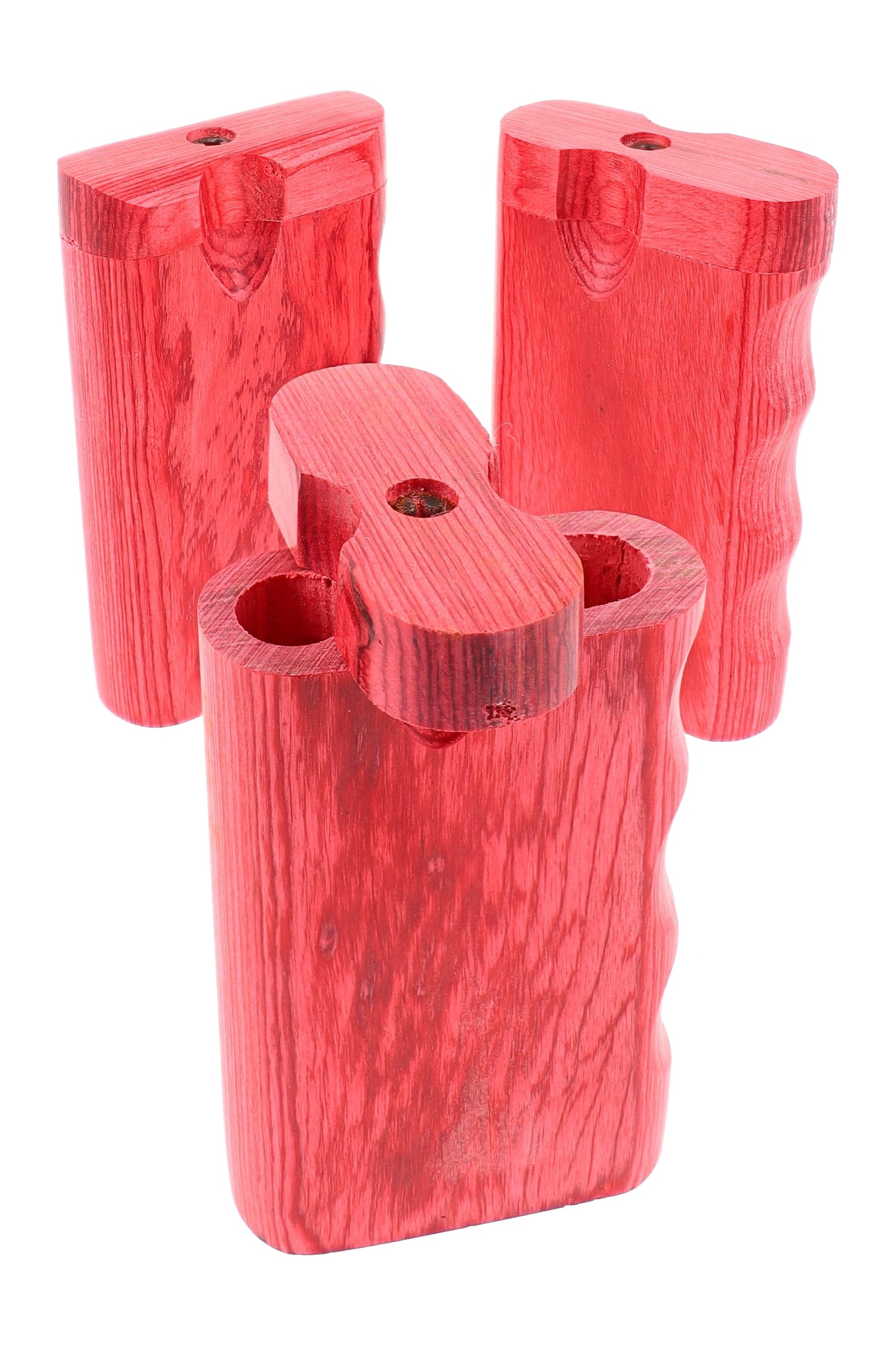 Small red wood dugout with single-side finger grip, 3-inch size and swivel lid, twin chambers for herb and bat; one-hitter sold separately.