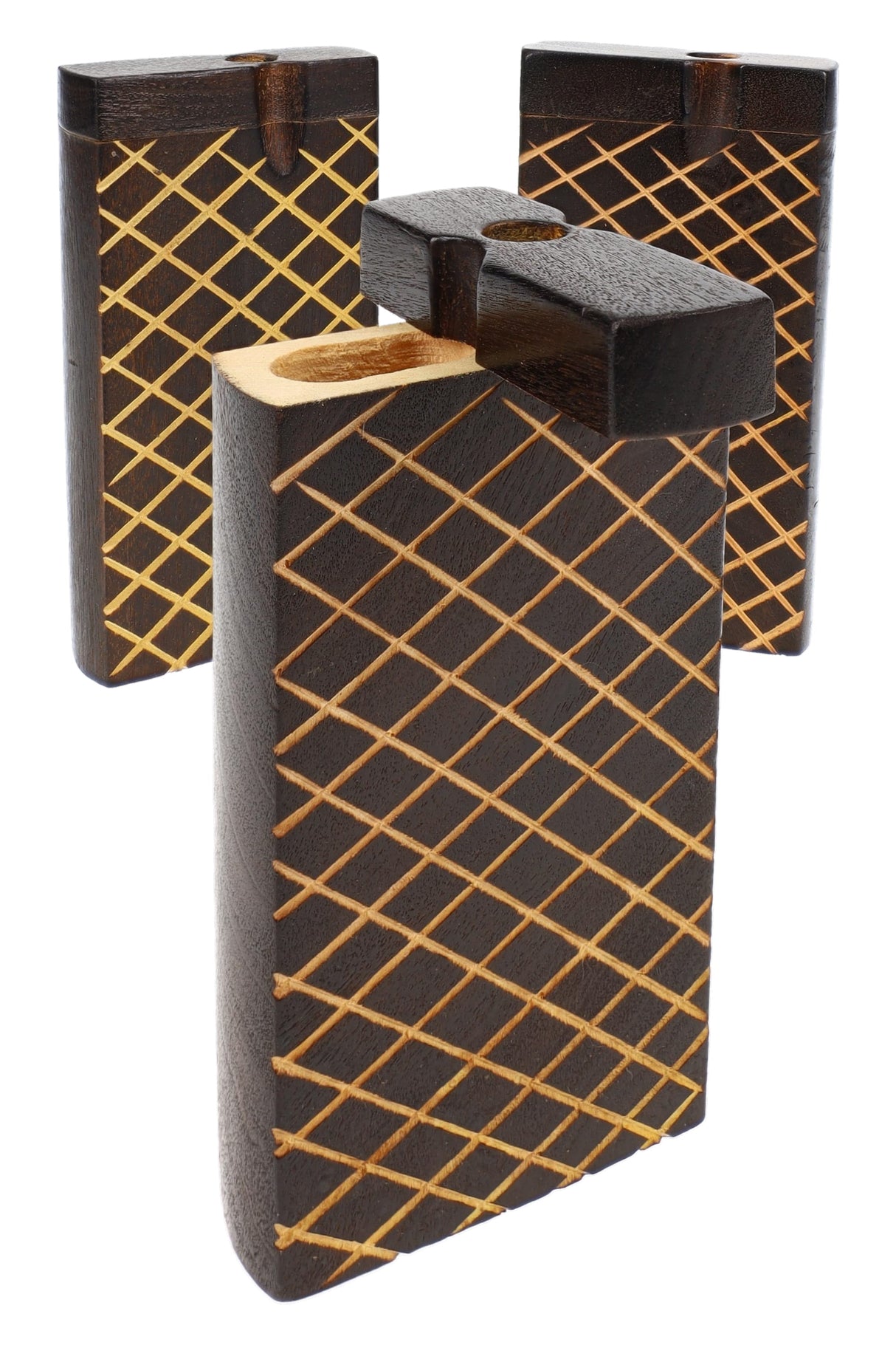 Burned wood dugout box with diamond lattice carving, swivel lid open, assorted 4″ pocket stash case