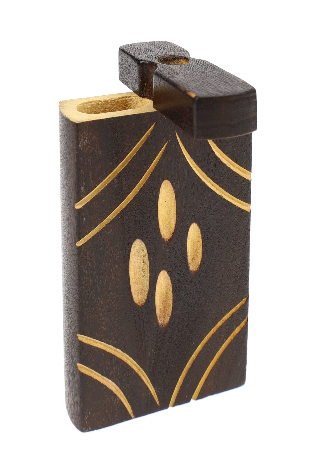 Single burned wood dugout with curved slash-line carving pattern, lid open and chamber visible up top