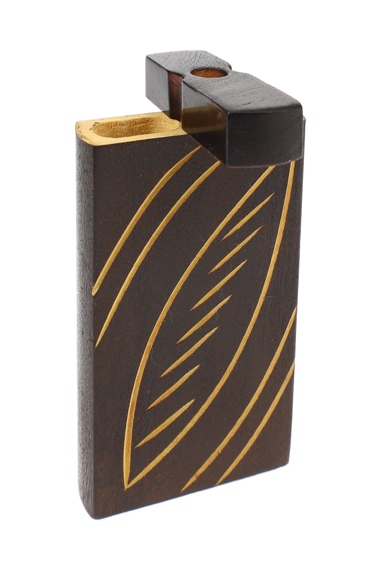 Single dark burned wood dugout with oval leaf carvings, swivel lid open, smooth rounded pocket edges
