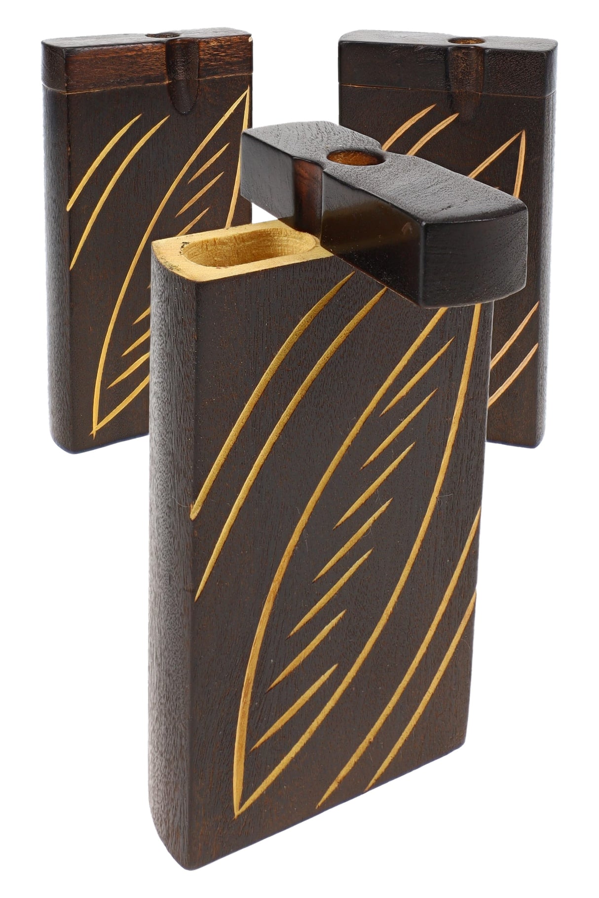 Burned wood dugout set with carved oval “leaf” accents, lids open, dark finish with light engraving
