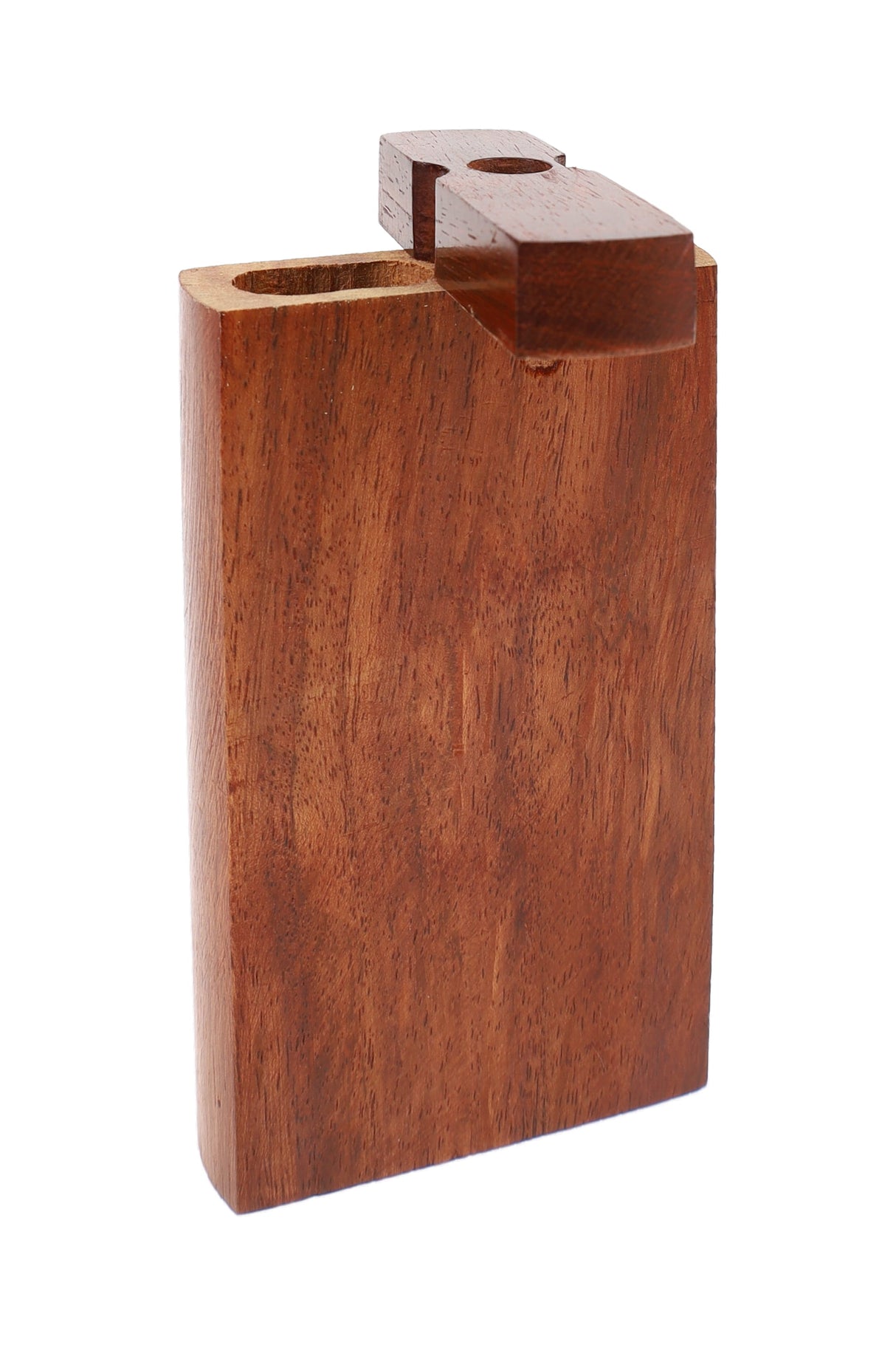 Dark wood dugout with flip-top lid open, showing rectangular storage chamber and round top port for bat