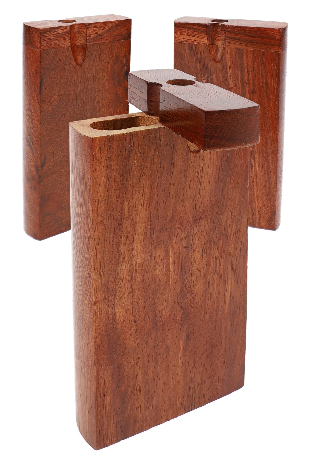 Trio of dark wood dugouts with open lids, smooth grain finish and compact 4″ pocket-friendly rectangular shape