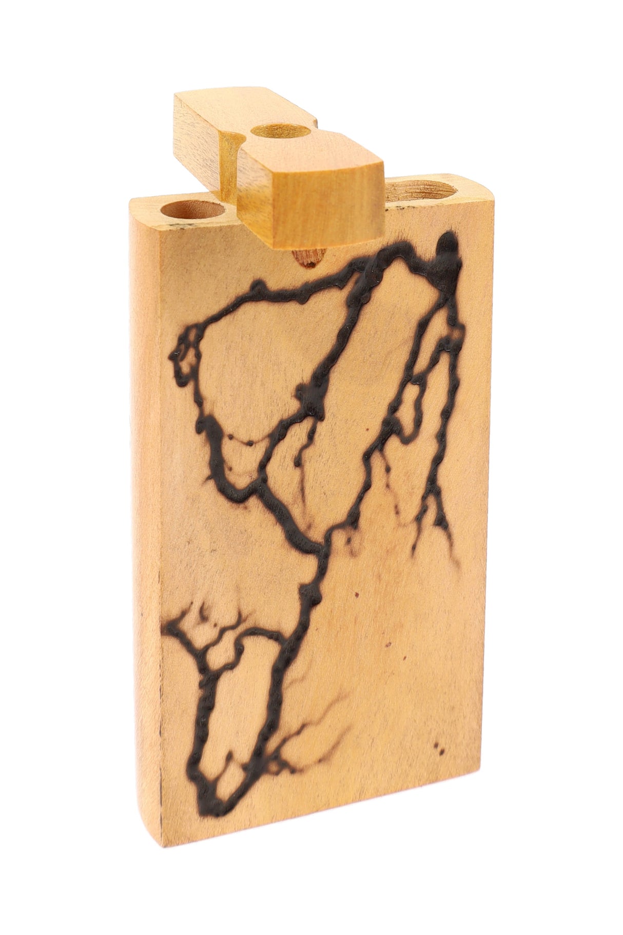 Light wood dugout with shocked “lightning” grain, swivel lid open showing storage chamber, 4″ size
