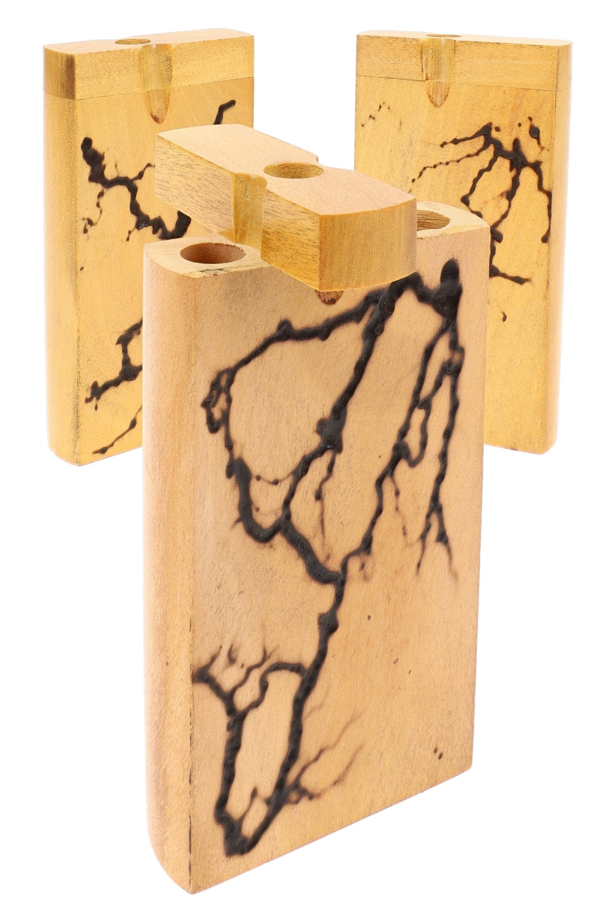 Light steam-beech style dugout set with shocked grain pattern, three pieces shown with lids open