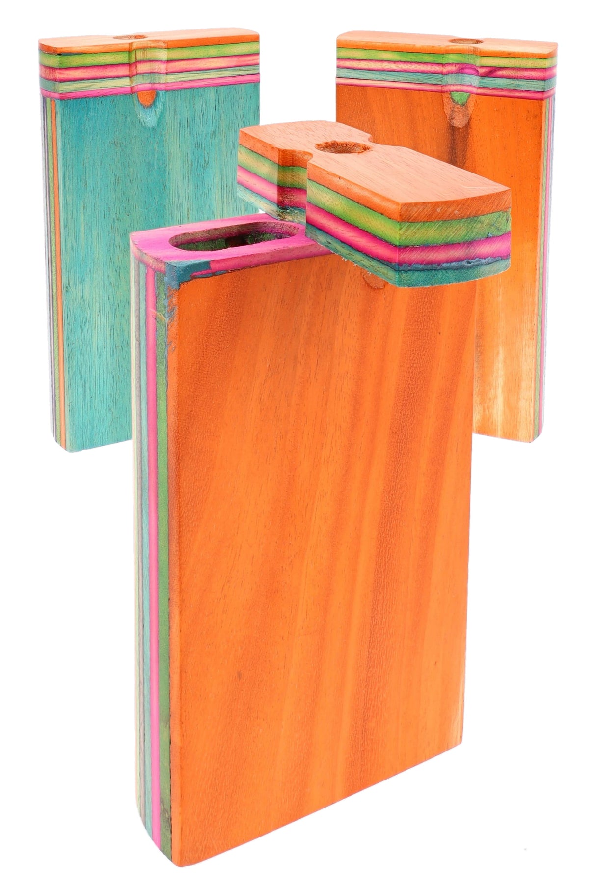 Group of multicolor wood dugouts in teal and orange, rainbow edge layers with lids open for quick access
