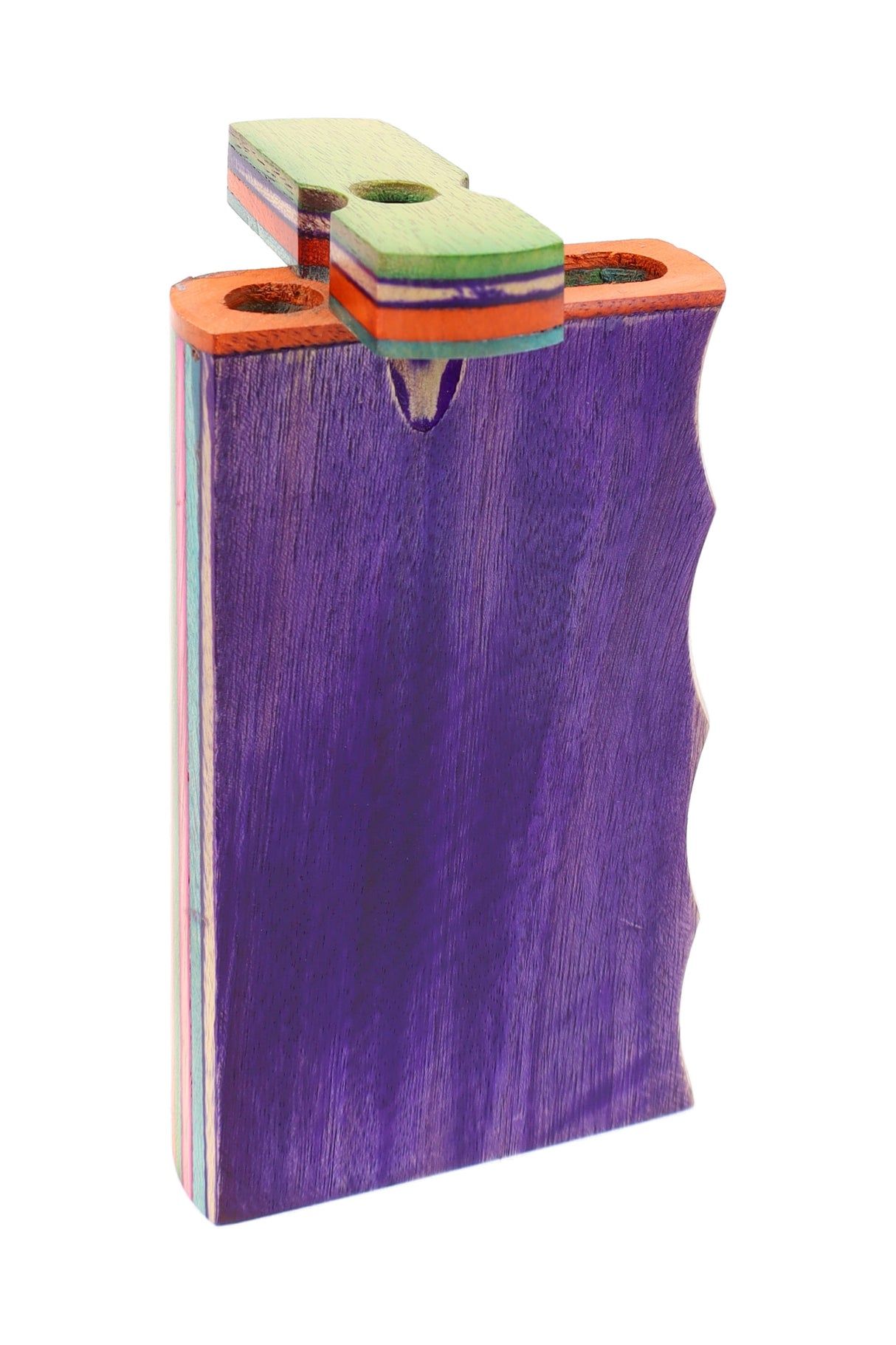 Purple multicolor layered wood dugout with single-grip contour, lid open showing storage chamber and stripes