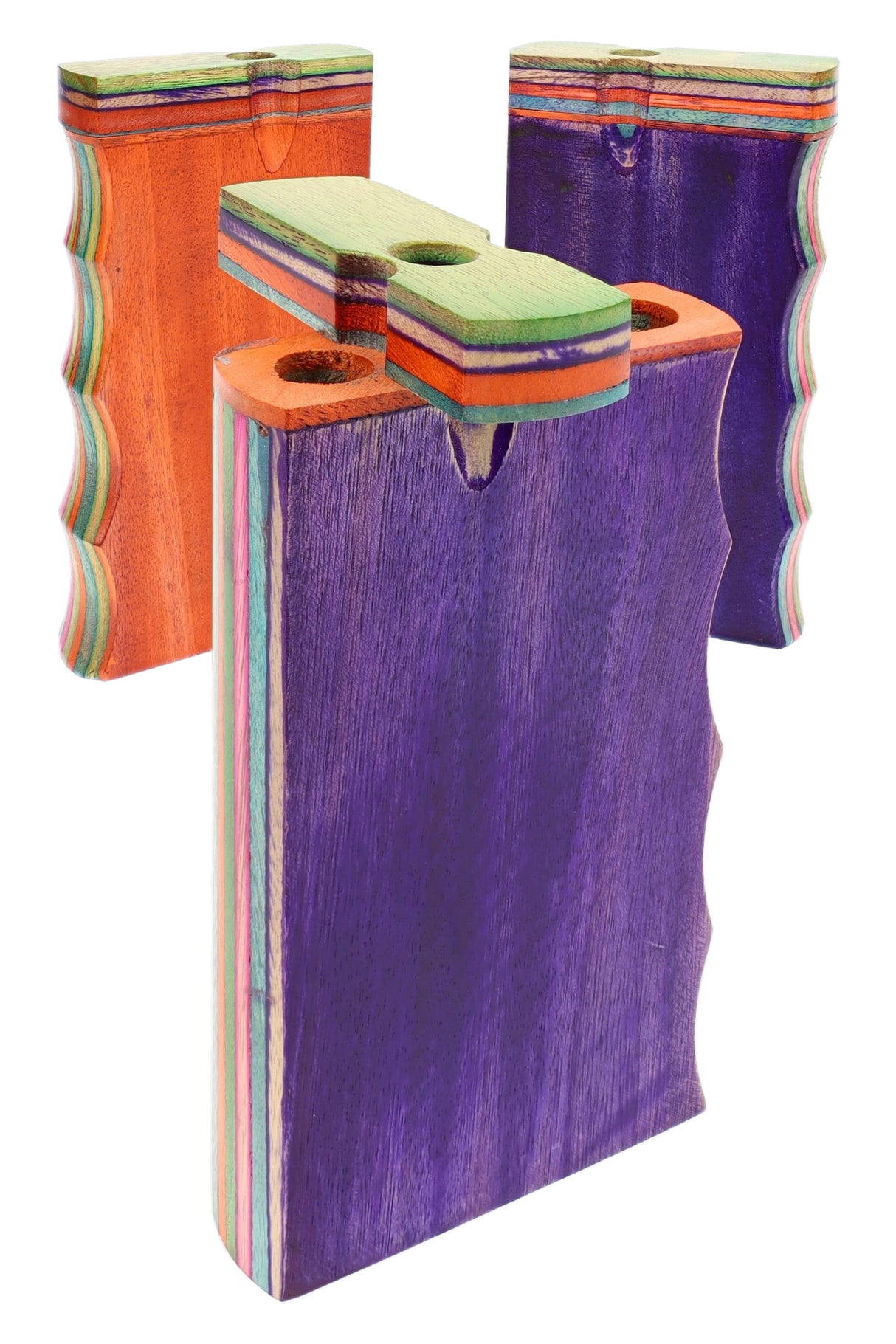 Assorted multicolor wood dugouts with wavy single-grip sides, lids open, bright layered edges on display