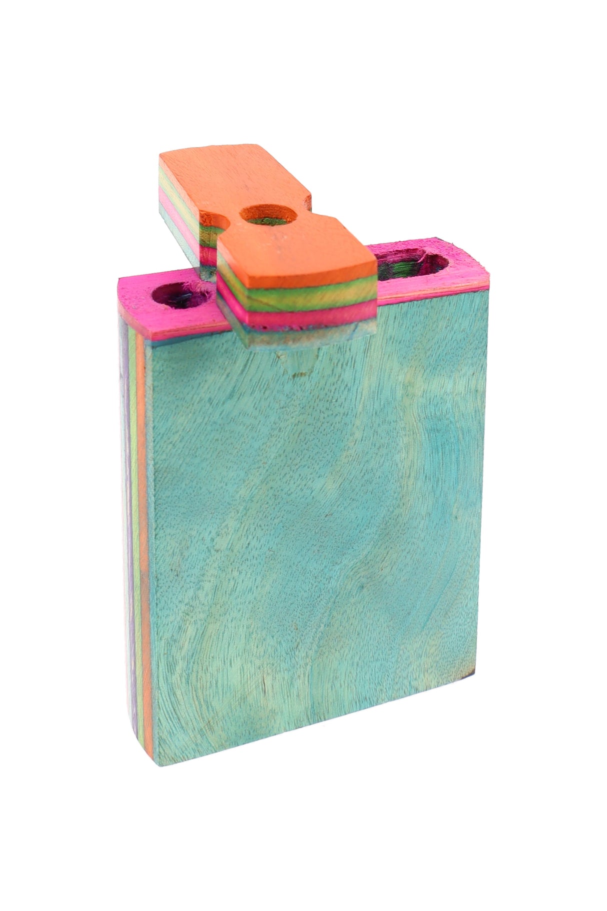 Multicolor layered wood dugout with teal face and pink rim, swivel lid open, compact 3″ pocket case