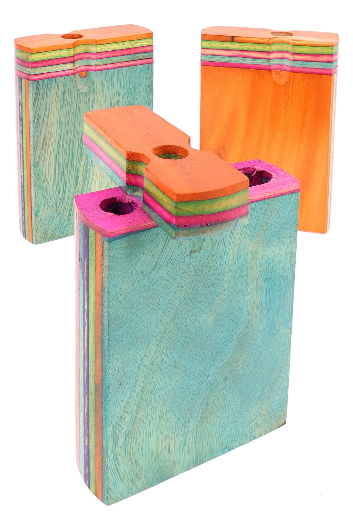 Group of assorted 3″ multicolor dugouts with rainbow edge layers, lids open for quick access and display