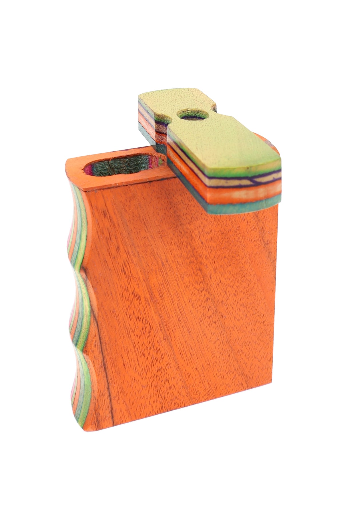 Orange multicolor layered wood dugout with single-grip contour, lid open showing storage chamber and stripes