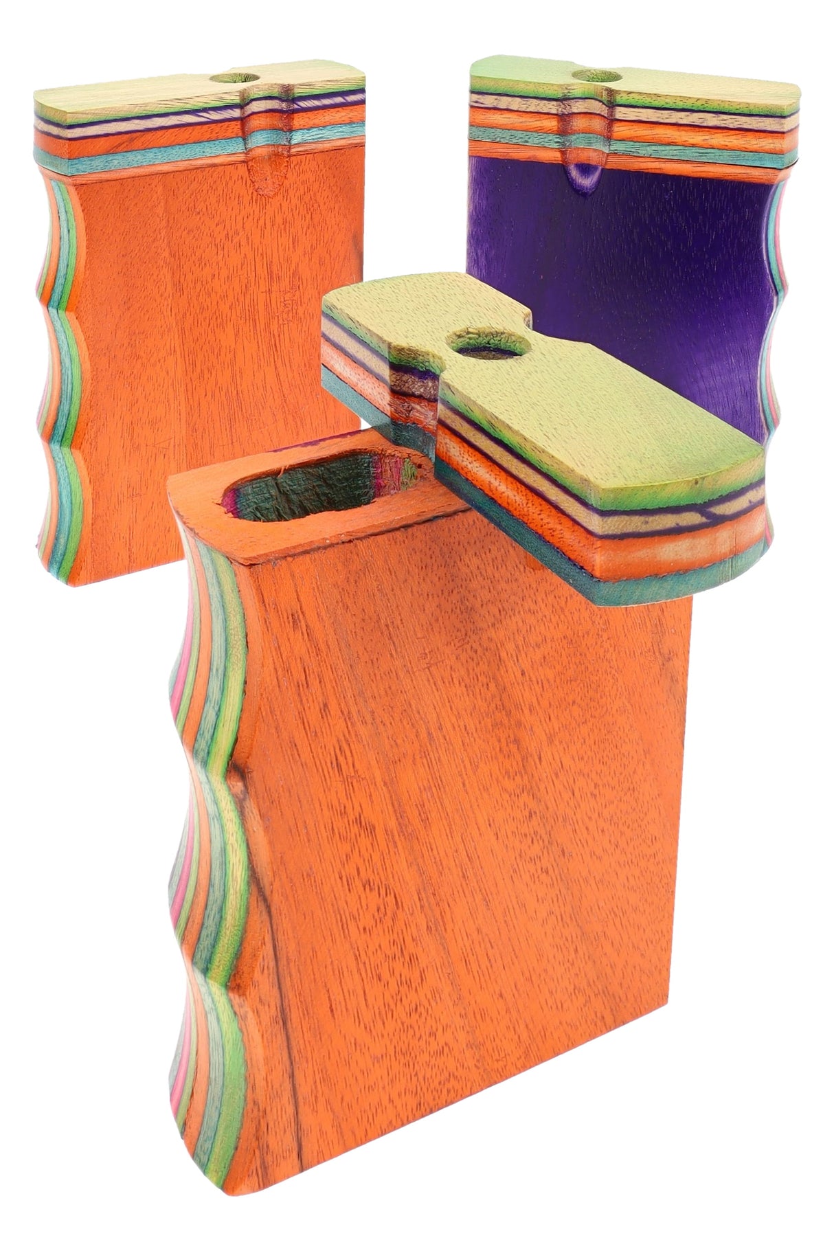 Assorted 3″ multicolor wood dugouts with wavy single-grip sides, lids open, rainbow edge layers shown