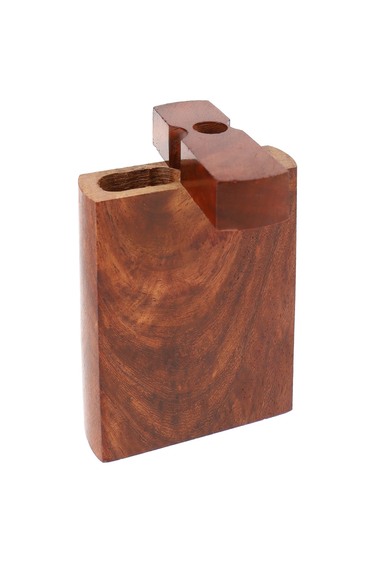 Single dark wood dugout with swivel lid open, showing storage chamber and smooth rounded edges