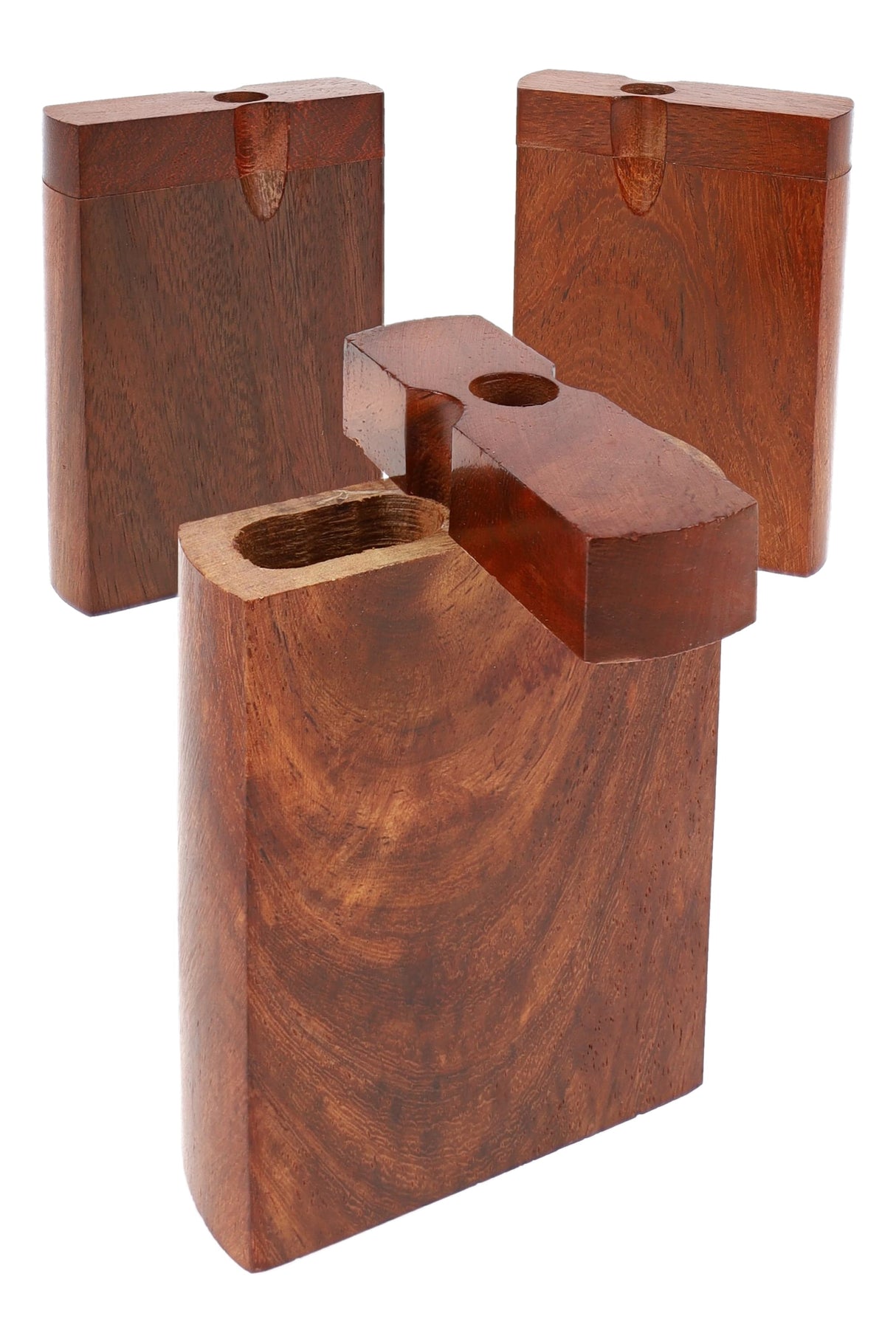 Dark wood dugout box set with swivel lids open, rich woodgrain finish and compact 3″ pocket size