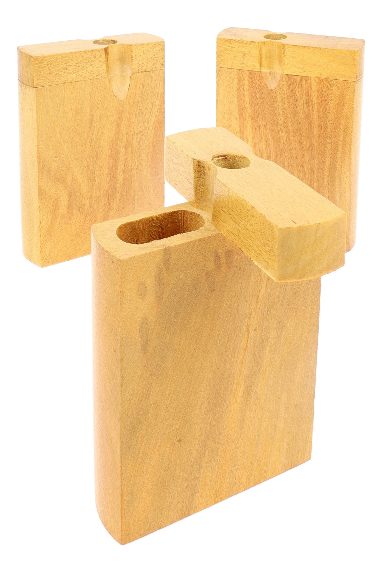 Light wood dugout set with swivel lids open, natural pale woodgrain finish and compact 3″ pocket size